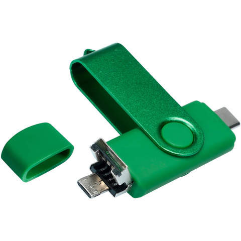 Зеленая флешка 3в1 32 гб, металл и пластик soft-touch «ТВИСТ-КОЛОР-ОТГ»